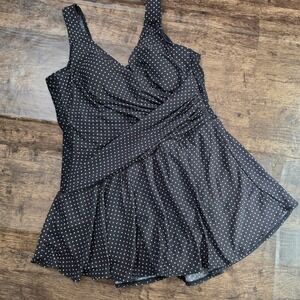 Miraclesuit Swim Dress Women 12 Black Polka Dot Surplice Wrap One Piece Swimsuit